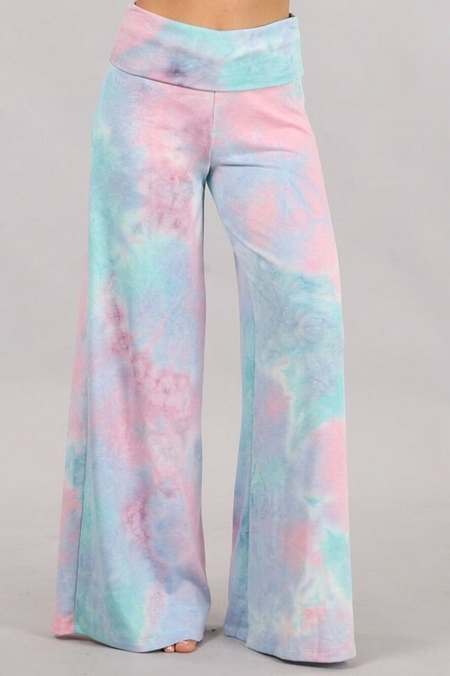 Chatoyant Plus Size Aqua Pink Blue Tie Dye Lounge Palazzo Pants 3XL